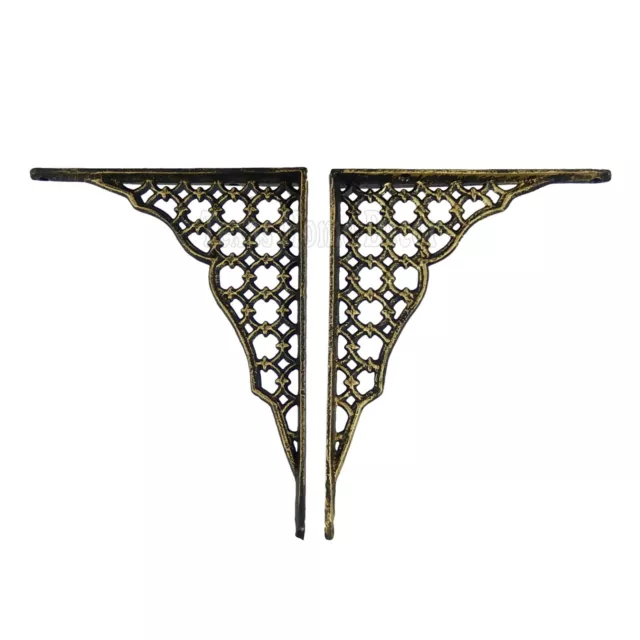2 Lattice Shelf Bracket Corner Brace Ornate Cast Iron Gold Black Finish 9" x 7"