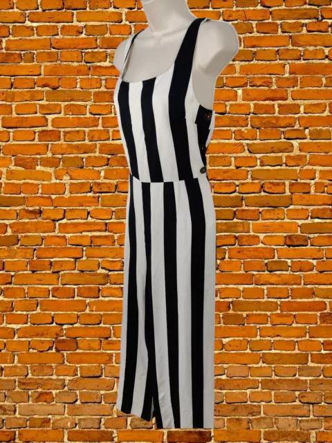 Womens Topshop Size Uk 12 Black & White Stripe Trouser Jumpsuit Sleeveless Linen