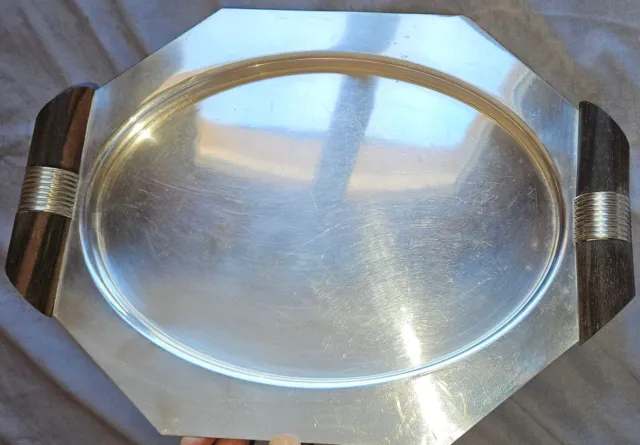 ARGIT  Plateau art déco métal argenté & anses palissandre - Service thé apéritif