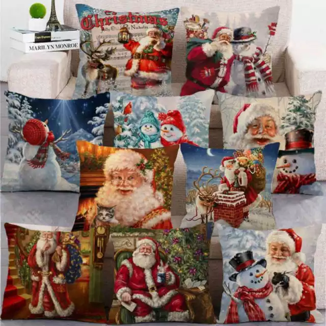 Christmas Santa Claus Snowman Cushion Cover Custom Zippered Square Pillow Case