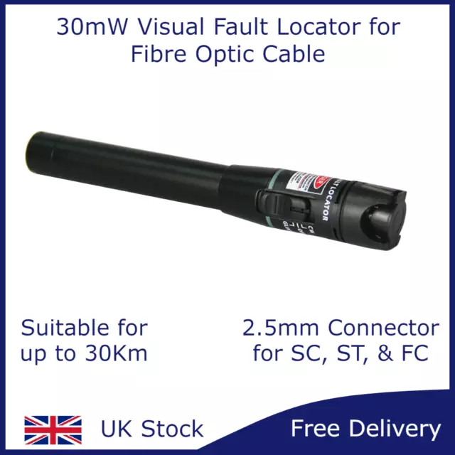 Rugged 30mW VFL Visual Fault Locator Tester Fibre Cable Light Source up to 30KM