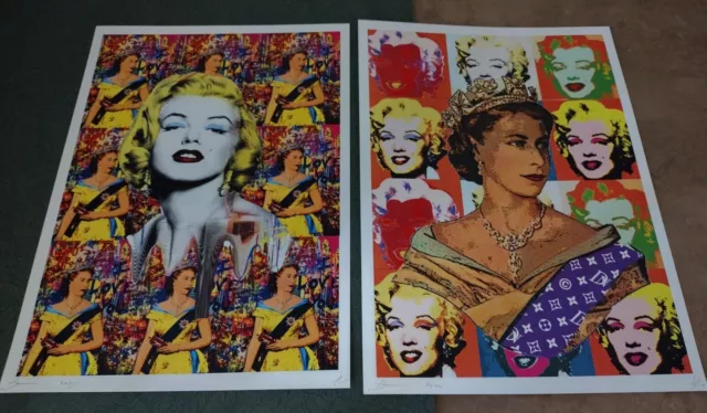 2x DEATH NYC ltd ed signed pop art print 45x32cm Marilyn Monroe Queen Elizabeth