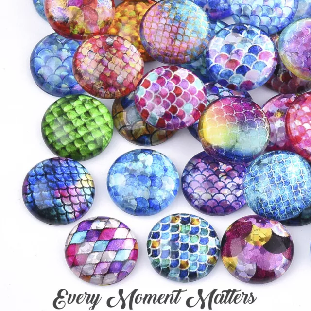 10 x DRAGONS MERMAID GLASS GLITTER FOIL ROUND DOME CABOCHONS MIXED DESIGNS 12mm