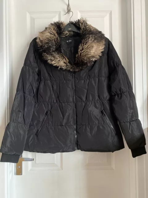 B You Black Padded Jacket With Detachable Faux Fur Collar Ladies Excellent Con