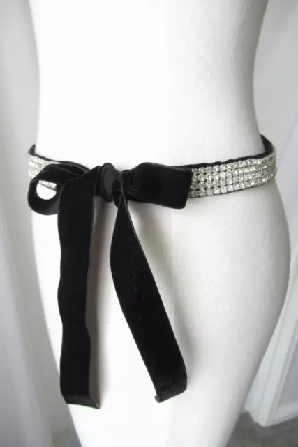 Belt Crystal Rhinestone Jewels Black Velvet Ribbon Sash Special Occasion Party