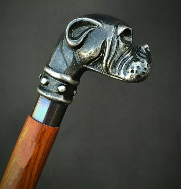 Bulldog Dog Head Handle Vintage Style Wooden Walking Stick Brown Shaft Victorian