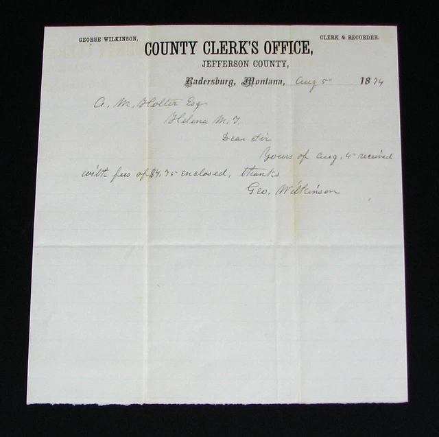 #79 - old 1874 RADERSBURG, MONTANA TERRITORY letterhead JEFFERSON County CLERK