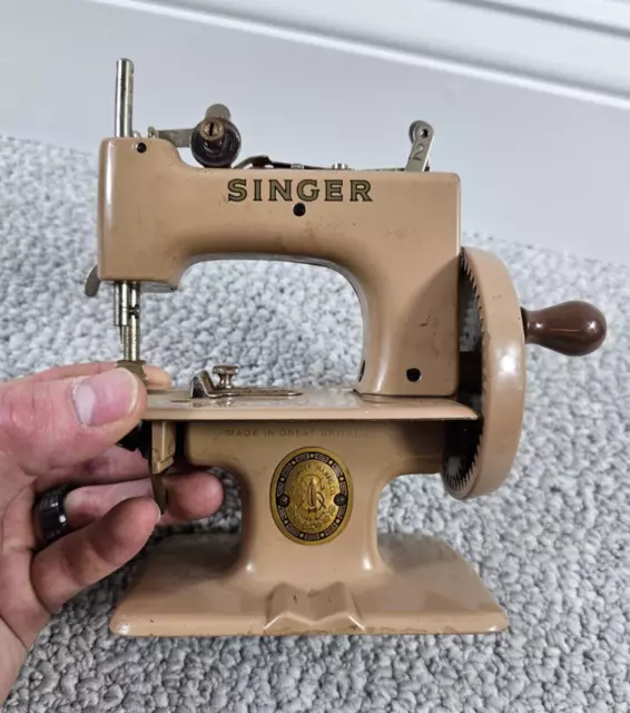 Vintage Singer Mini Child's Sewing Machine Made in Great Britain Tan Hand Crank