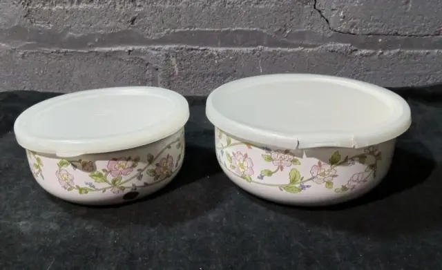 Vintage KOBE Enamelware Floral Kitchen Nesting Bowls 2 pc Set