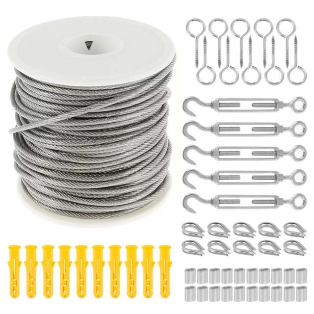 30M Stainless Steel Wire Rope Cable Railing Fence Roll Kit Hanging Hooks &u