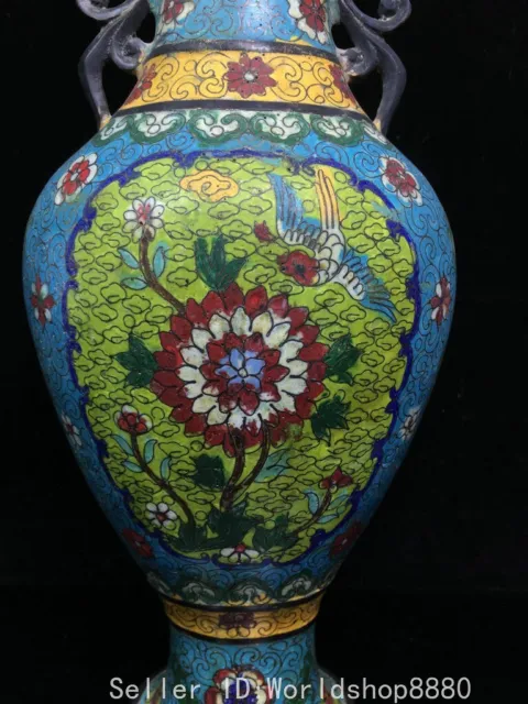 14.8" Old China Qianlong Marked Bronze Cloisonne Flower Bird Pair Ear Vase Pair 2