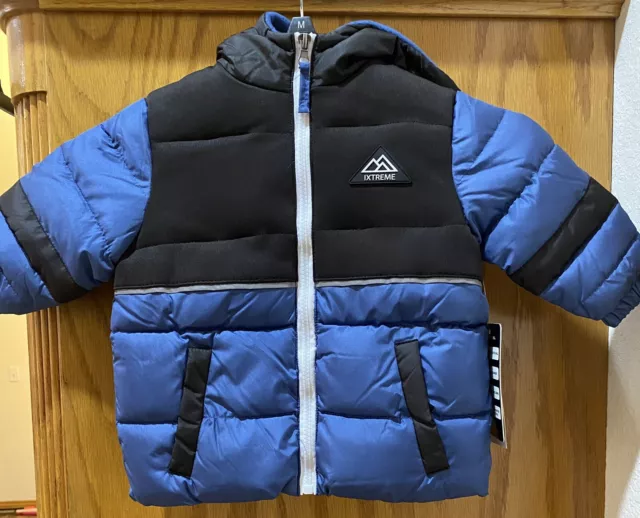 Boys Coat Jacket Sz 12 Month iXtreme Puffer Toddler Blue Black Hooded Pockets