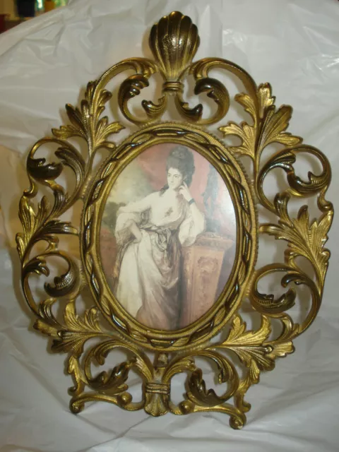Vintage Ornate Victorian Gold Brass Ormolu Easel Oval Picture Frame 11" tall