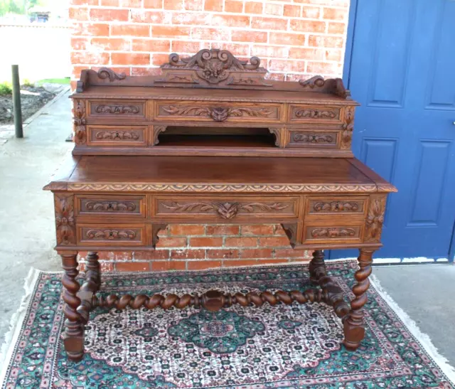 French Antique Oak Renaissance  Desk With 9 drawers With Keys