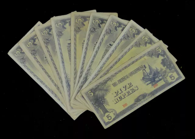 10 Pieces BURMA WWII Japanese Government 5 Rupees Banknote Used