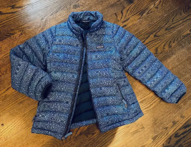 Patagonia Navy Blue Pattern Down Sz XL  (14) Puffer Jacket Kids Full Zip