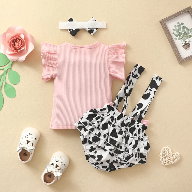 Abiti neonata bambina casual arricciacapelli + pantaloncini a sospensione + set fascia 4
