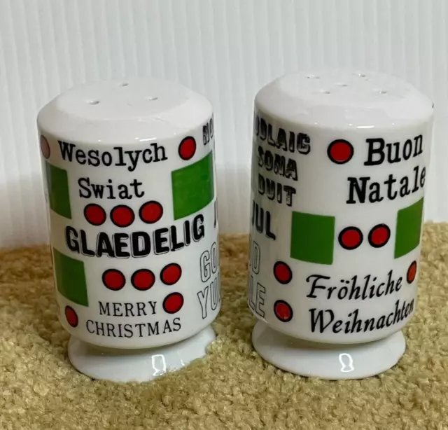 Vintage 60s Mod Holt Howard Shakers Round the World Merry Christmas Salt Pepper