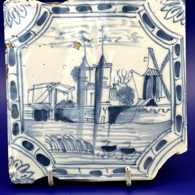 Antique English Liverpool Tile Estuary Scene 18th Century