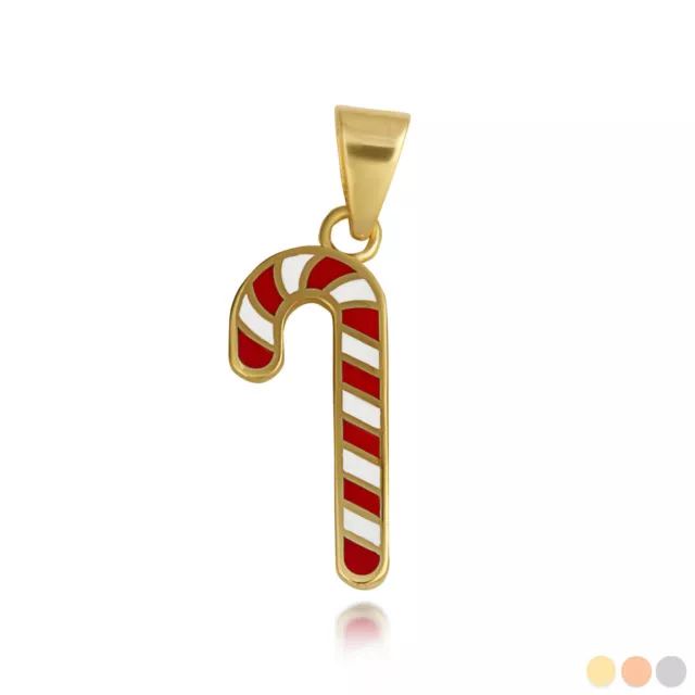 Gold Christmas Candy Cane Enamel Pendant Necklace in Yellow/Rose/White Gold