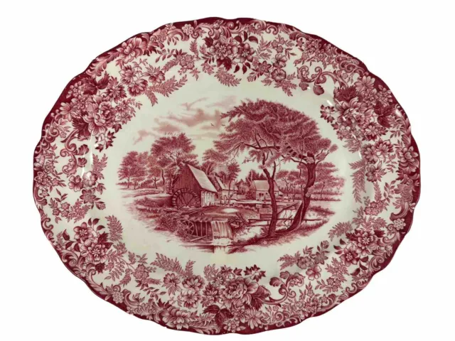 Johnson Bros Mill Stream Pink/Red & White Oval Platter 12" Ironstone England