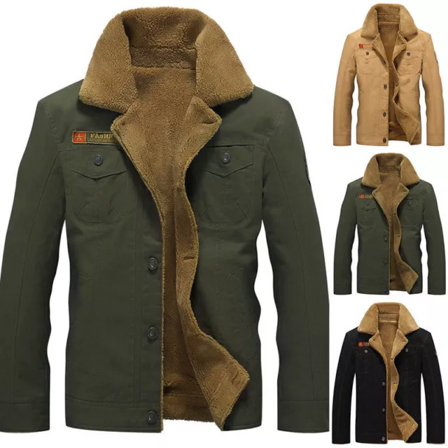 Uomo Fodera Pile Stile Aviatore Giacca Militare Cappotto di Lana Casual