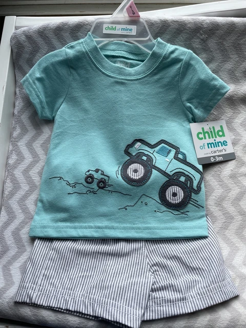 Carters Infant Boys Baby Outfit Blue Monster Truck Shirt Stripe Shorts 0-3month