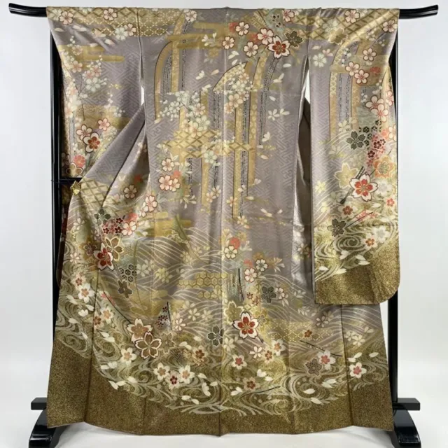Woman Japanese Kimono Furisode Silk Cherry Blossom Flowing Water Foil GrayPurple
