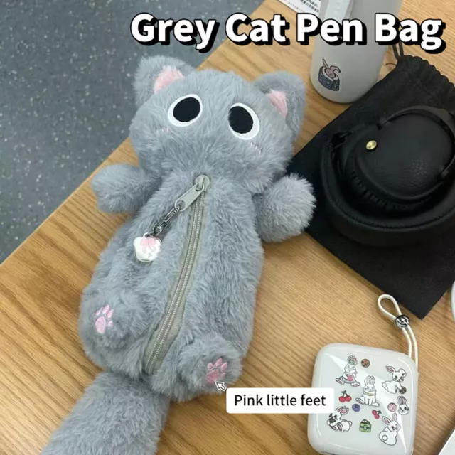 Gray Plush Cat Pen Bag Cute Desktop Cartoon Stationery Storage Bag Pencil Cas F1