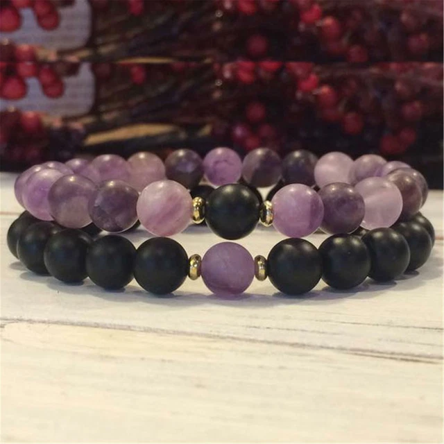 8mm Matte Onyx-Amethyst Handmade Mala Bracelet 7.5inch Lucky Buddhism Religious