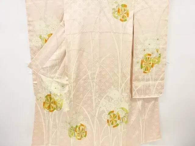 11356# Japanese Kimono / Antique Furisode / Embroidery / Wheels & Kiku