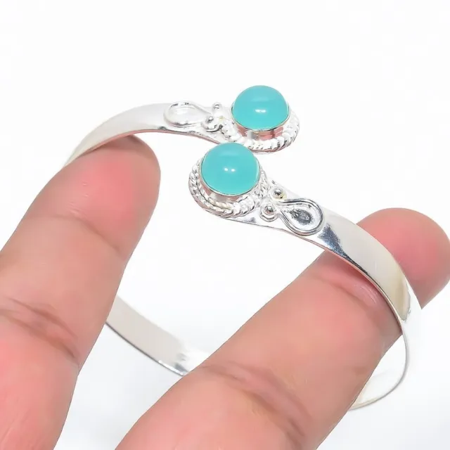 Aqua Chalcedony Gemstone Handmade 925 Sterling Silver Cuff Bracelet Adjustable