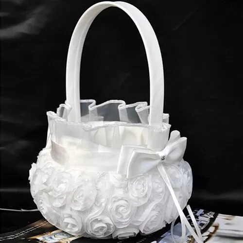 Romantic White Satin Bowknot Pearl Flower Girl Basket Wedding Party Decoration