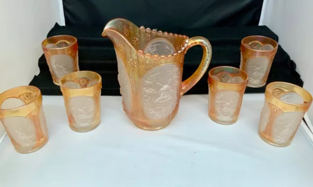 Imperial Glass Marigold Frosted oval Windmill Water Set Includes Pitcher and 6