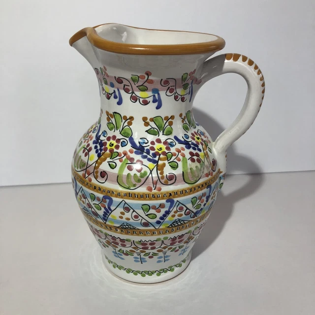 VTG Spain Signed Sevilla Cruz Floral Hand Painted Colored Dot Pottery Pitcher