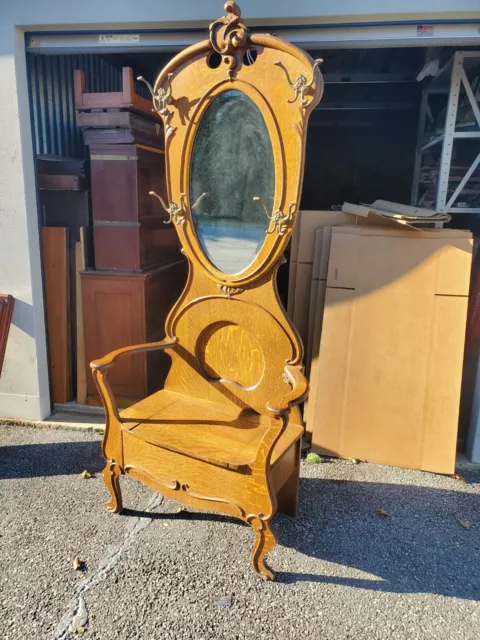 Antique Tiger Oak Hall Tree Seat