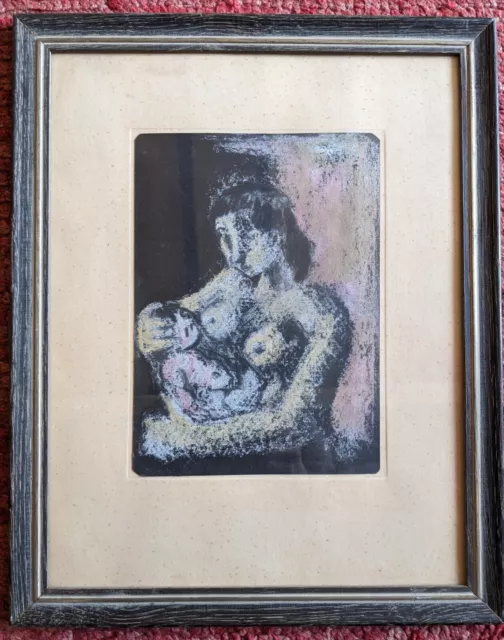 Charmant pastel  mère à l'enfant portrait tableau ancien peinture cadre femme