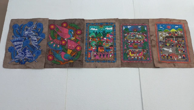 set of 5 AMATE BARK PAINTINGS native ethnic mexican folk art wall deco 15"