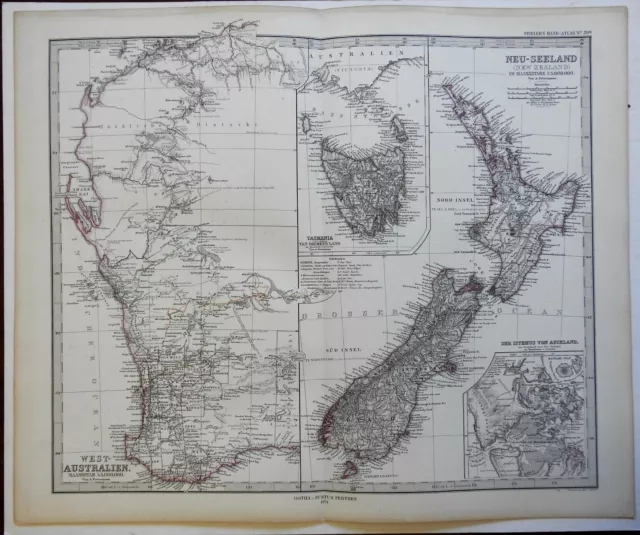 New Zealand North & South Island West Australia 1874 Petermann detailed map