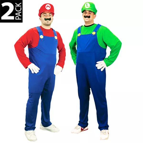 2 Pack Mens Super Mario Luigi Brothers Party Costume with Hat and Moustache