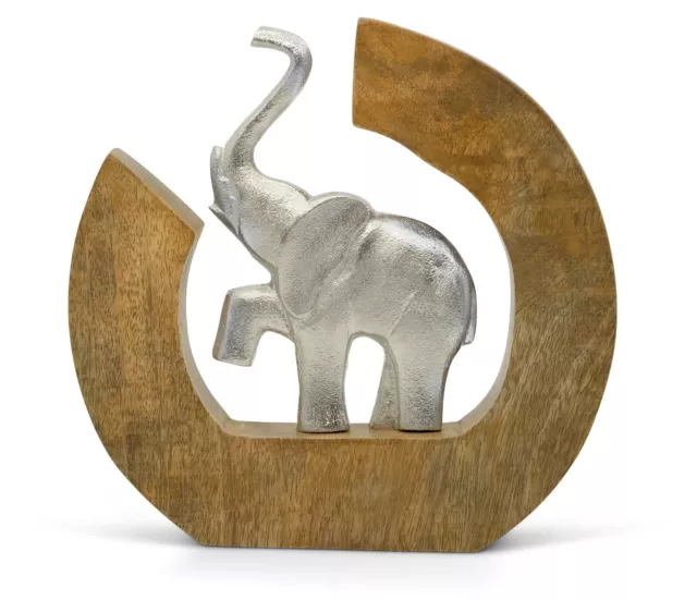 Elefanten-Skulptur aus Metall in Mango-Holz - Elefanten Deko Figur in Handarbeit