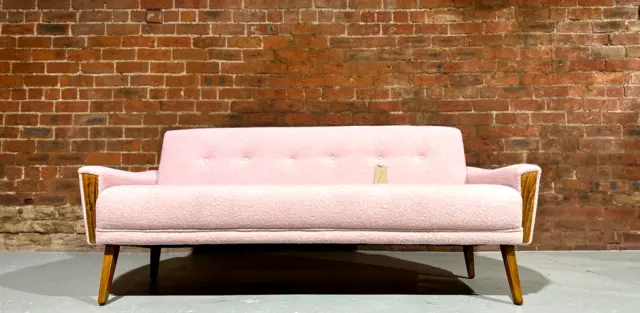 Danish Teak Vintage Inspired Model 60 Mid Century 3 Seat Sofa Powder Pink Boucle