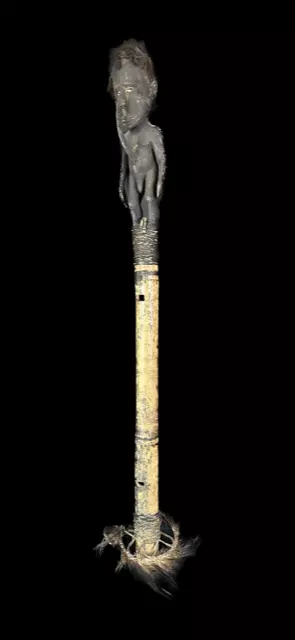 Old Papua New Guinea Sepik River Carved Bamboo Flute with Wooden Stoper & Human