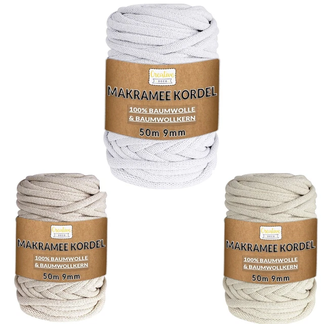 Creative Deco 50m Makramee-Garn Baumwoll-Kordel | 9 mm Dicke Schnur | 3 Farben