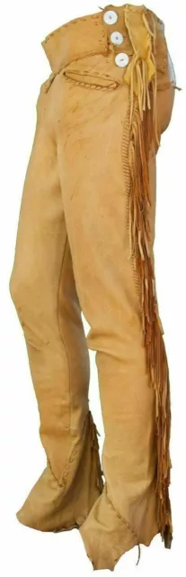 34" Men Native American Western Buckskin Buffalo Ragged Leather Hippie Pants