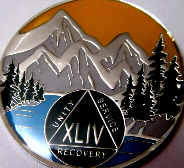 Moneda medallón de plata azul montaña verde Alcohólicos Anónimos 44 años AA ficha