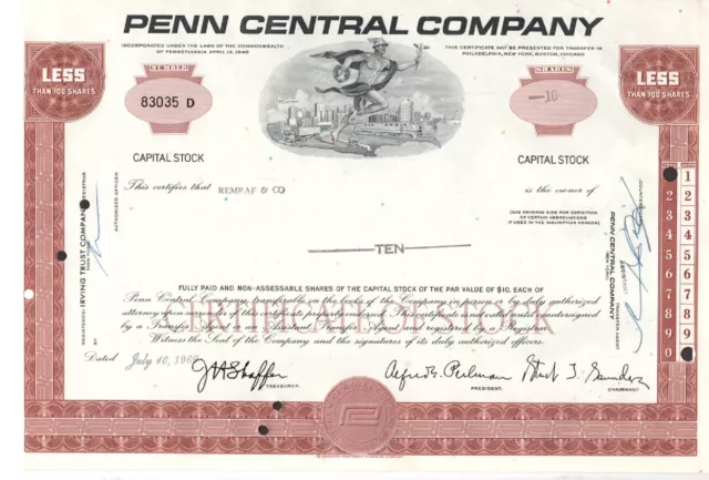 Penn Central Company - Original Stock Certificate -1969 - 83035D