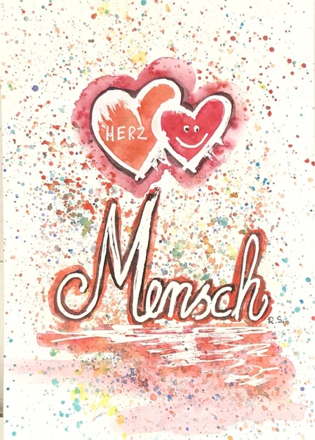 ORIGINAL AQUARELL POSTKARTE mit Spruch Text Schrift Gruß Herz Mensch