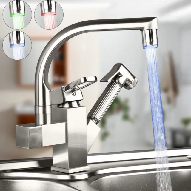Modern LED 3Color  Kitchen Pull Out Spray Swivel Sink  Mixer Faucet Basin Taps