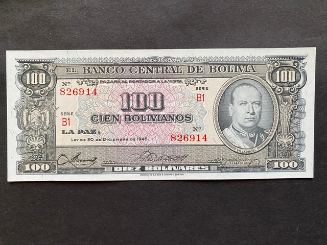 BOLIVIA, 1945, Billete Banco Central de Bolivia, 100 BOLIVIANOS, Serie B1, UNC